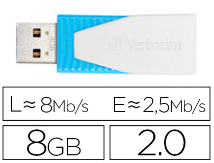 CL USB VERBATIM SWIVEL 8GB CA PUCHON PIVOTANT ATTACH PORT USB 2.0 VITESSE LECTURE 8MB/S CRITURE 2.5MB/S COLORIS BLEU