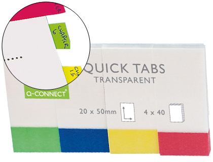 INDEX Q-CONNECT PLASTIQUE 20X5 0MM 40F 4 COLORIS ASSORTIS TRANSPARENTES PACK 4U